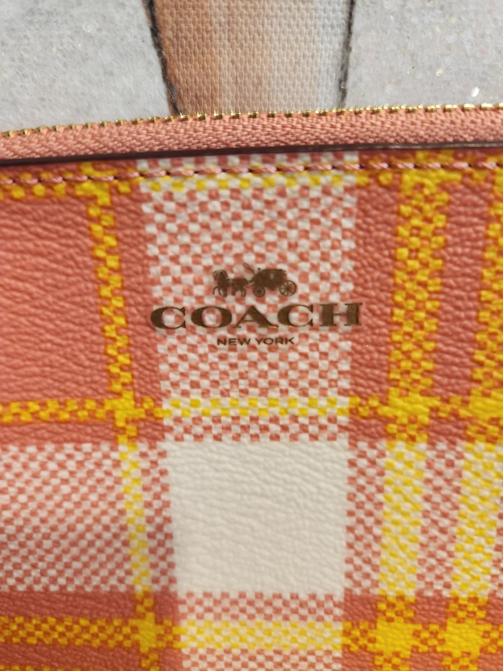 Coach Plaid Zip Pouch in Coral, Yellow and White - Picture 5 of 14